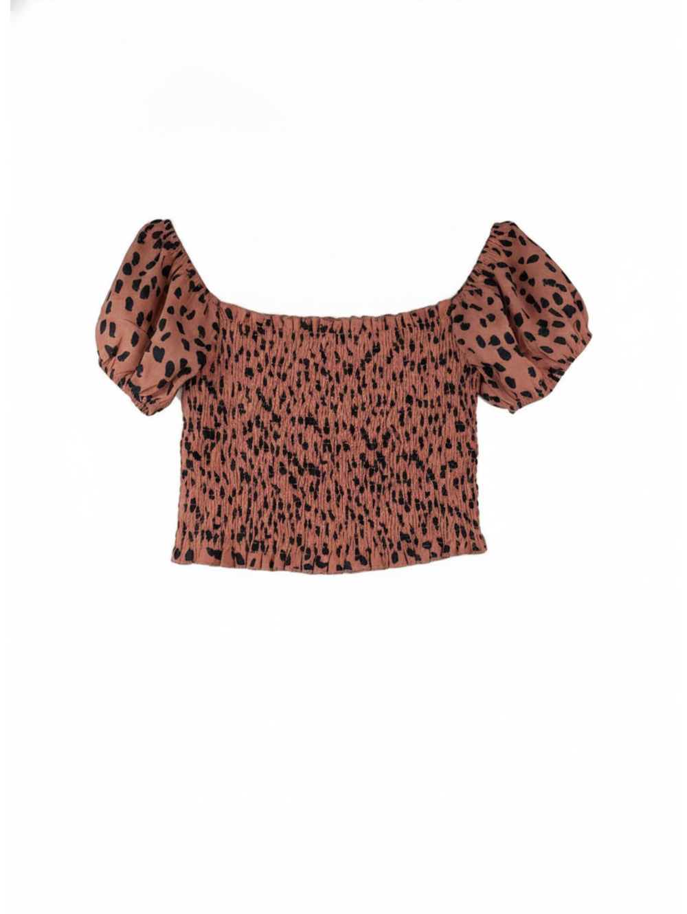 She‎ + Sky Smocked Puff Sleeve Top in Rust with Black Spots, Size M